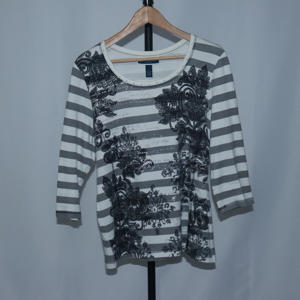 Karen Scott Sport Womens Striped Graphic T-Shirt White Sequin Embroidery Size L